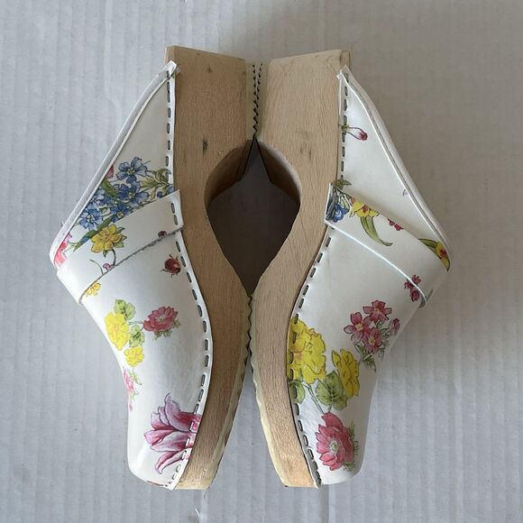 Swedish Svensk Fotriktig Tratoffel White Leather Floral Slip On Wooden Clogs 37 - Picture 5 of 11